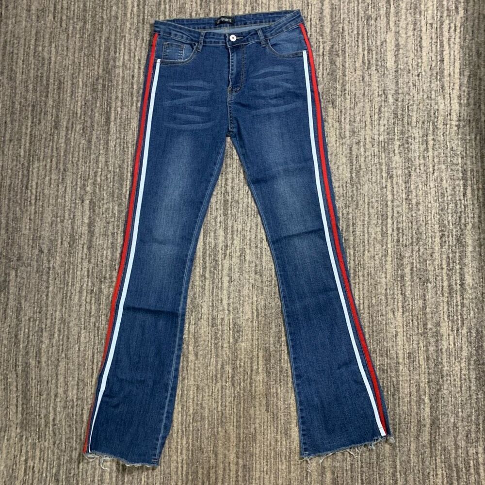Teen Girl Youth Size XL Flare Jeans Red White Blue Side Stripe Raw Hem 4th‎ of